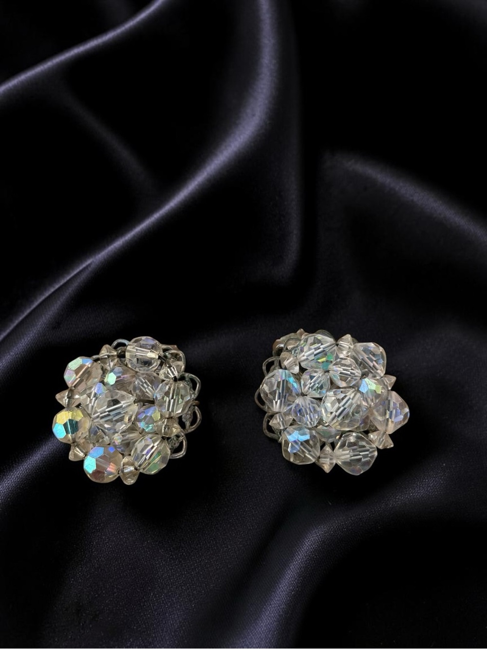 Vintage Aurora Borealis Crystal Cluster Clip-On Earrings